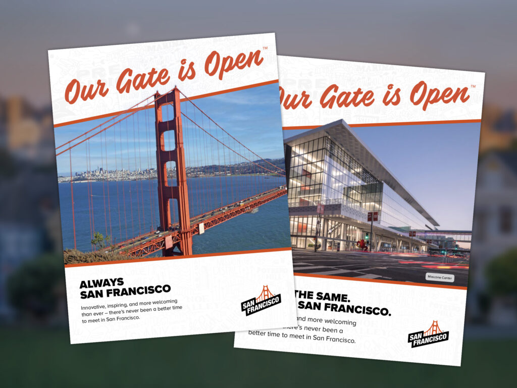 Composition of two sales brochure covers for SF Travel