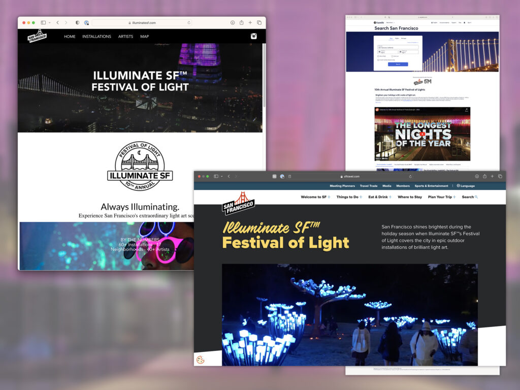 Screenshots of webpages featuring the Illuminate SF campaign